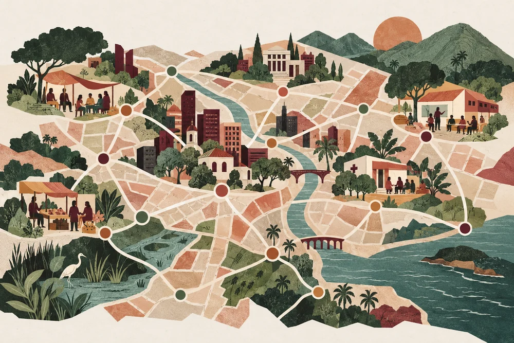 Mapa conceptual de actores y vínculos territoriales en una ilustración editorial.