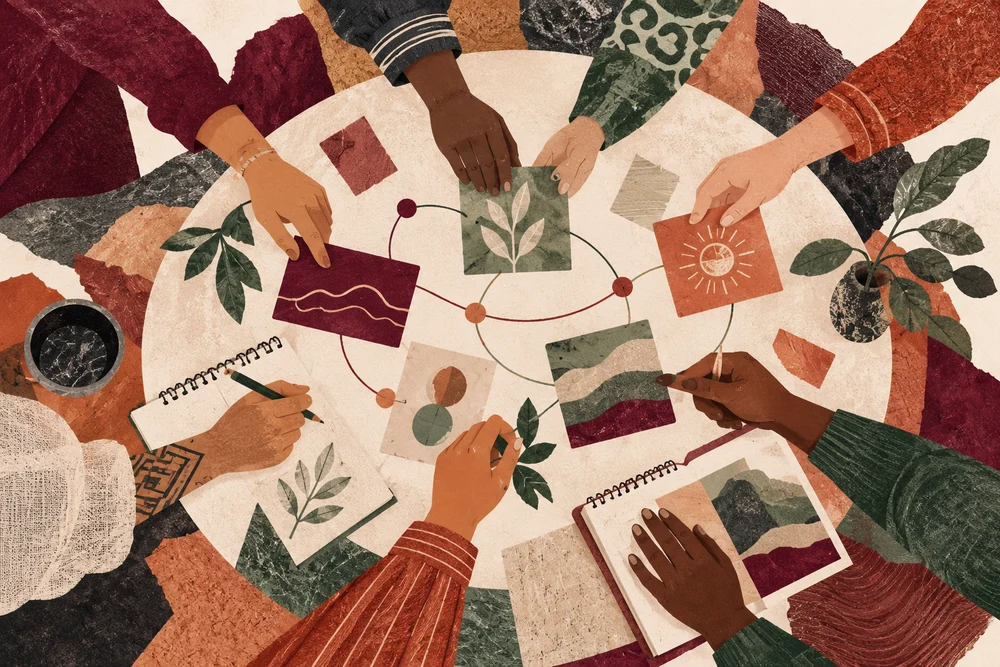 Manos alrededor de una mesa de aprendizaje colectivo, en una ilustración editorial.