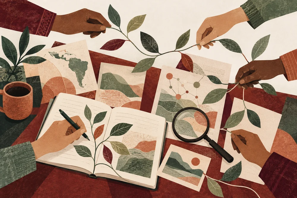 Documentos, cuadernos y conexiones de conocimiento en una ilustración editorial.