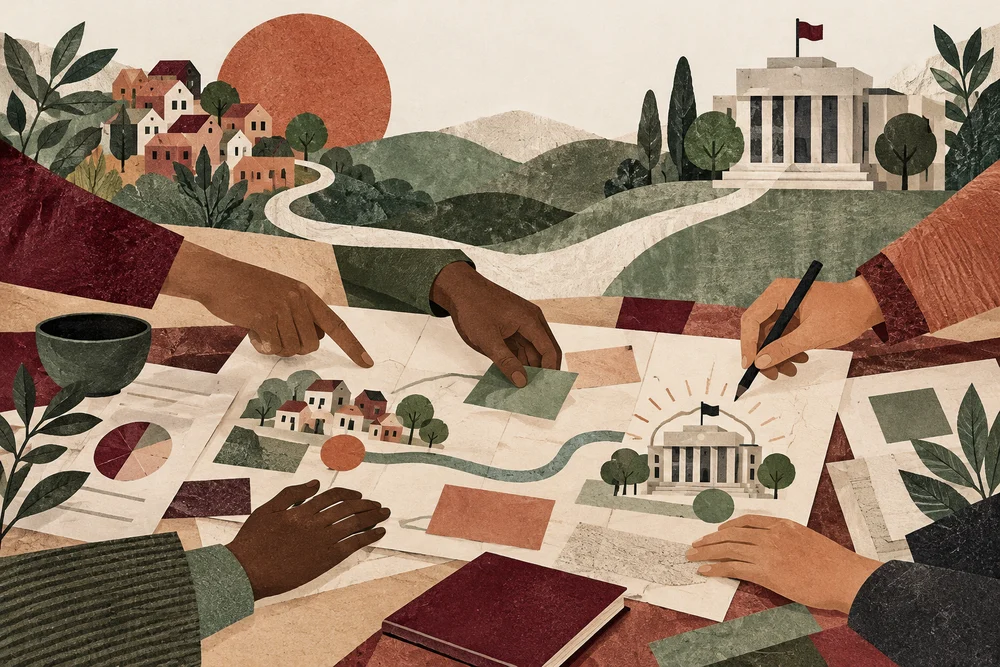Construcción colaborativa de propuestas de política pública en una ilustración editorial.